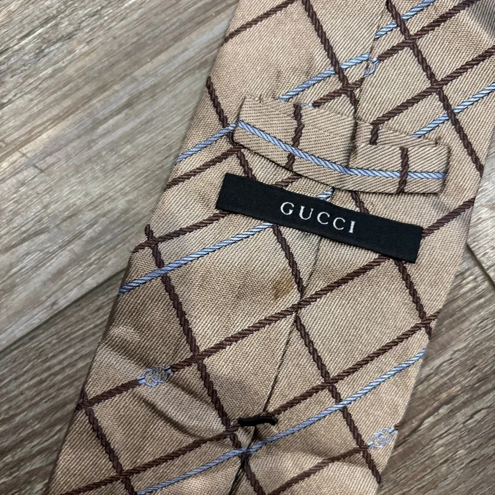 Gucci Mens Silk Tie Tan Brown Blue Plaid Rope Grid Interlocking G Made in Italy